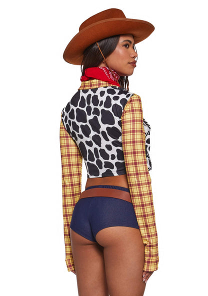 Dolls Kill Toy Cowboy Costume by Trickz N’ Treatz – Women’s Plaid Crop Top, Shorts, Belt, Bandana & Hat Set, X-Large
