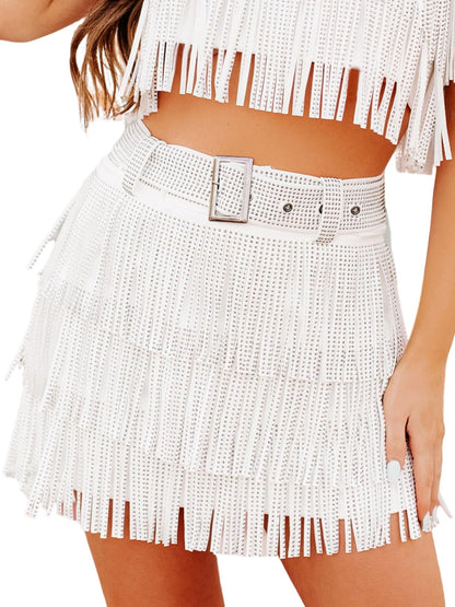 Womens Sparkle Rhinestone Fringe Skirt Elastic Waistband Short Mini Dress with Adjustable and Removable Belt(0002-White-M)