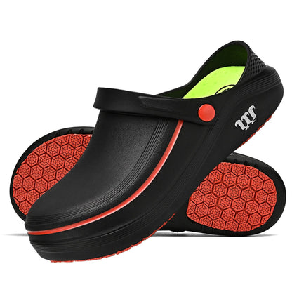 SECHRITE Men's and Women's Work Clogs - Unisex Garden Chef Shoes for Women and Men Non Slip Waterproof Slip on Mules Nurse Kitchen Food Service Restaurant Shoes Zapatos de Chef Cocina Black 43-44