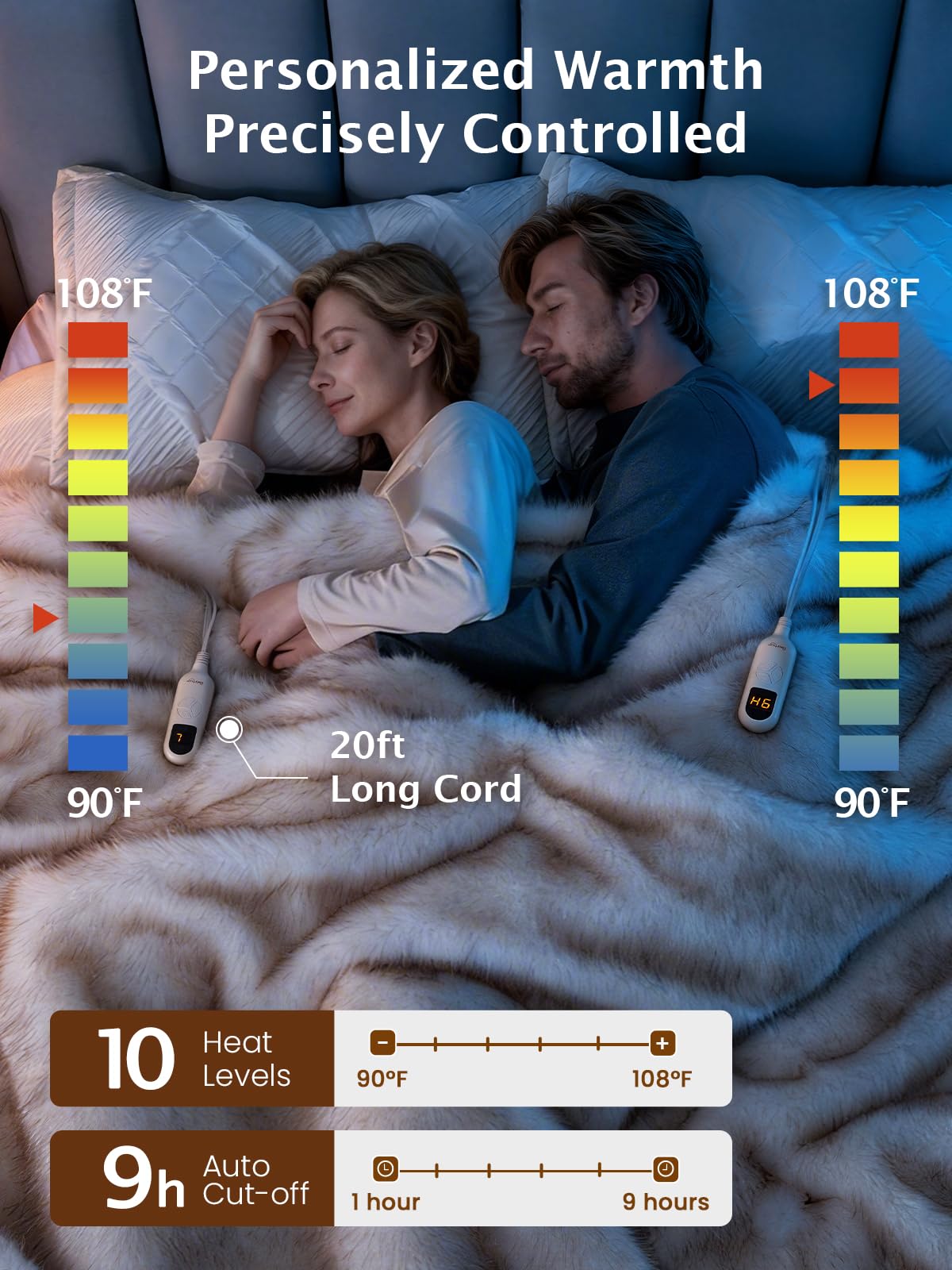 Bearhug Heated Blanket Queen Size, 84"x90" Dual Control Luxury Faux Fur Electric Blanket with 10 Heat Levels & 9H Auto Off, 450GSM Ultra Plush Shaggy Bed Warmer for Couples, ETL Certified, Gift Box
