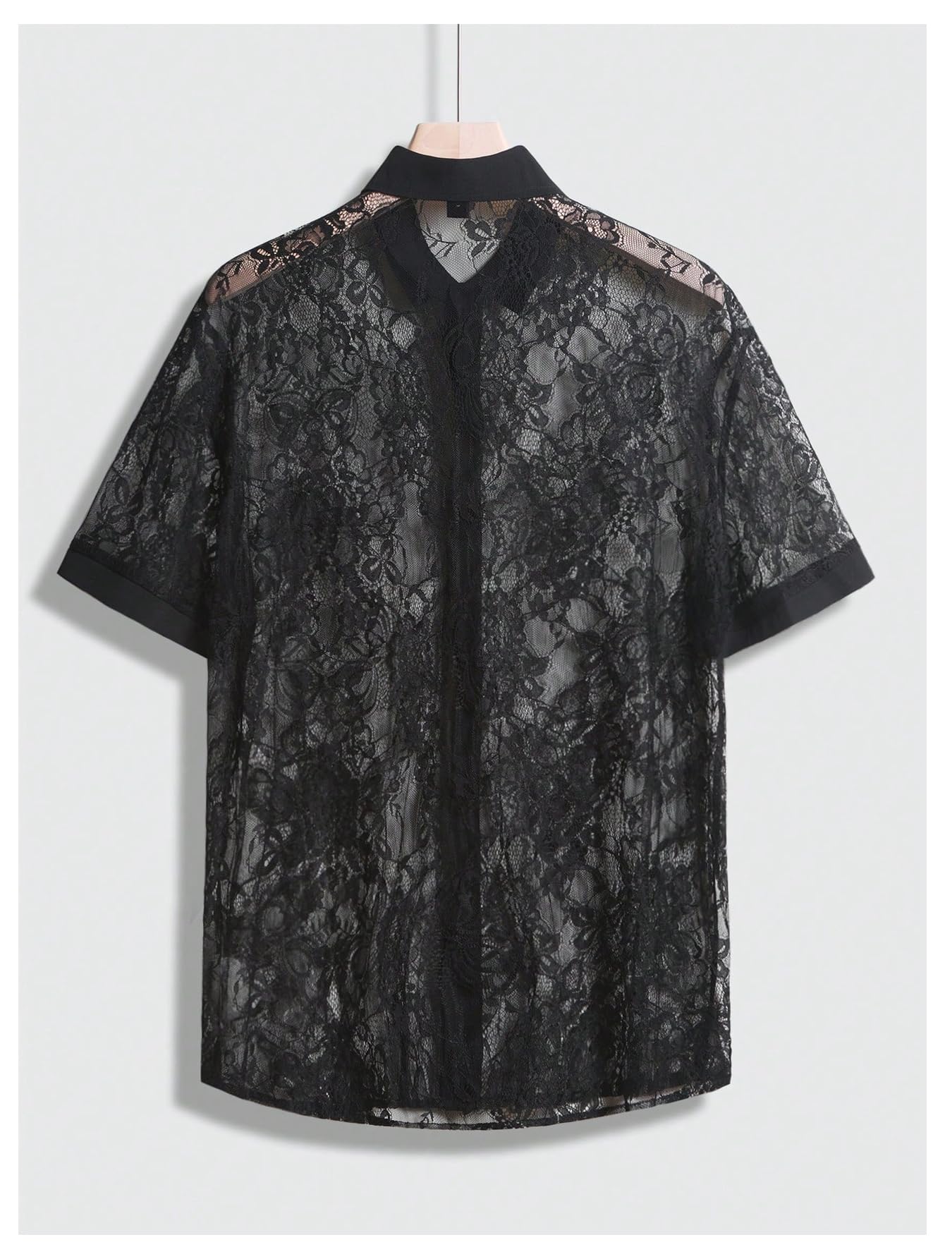 SHENHE Men's Floral Lace Shirt Sheer Button Down Short Sleeve Party Festival Date Night Top Black X-Large