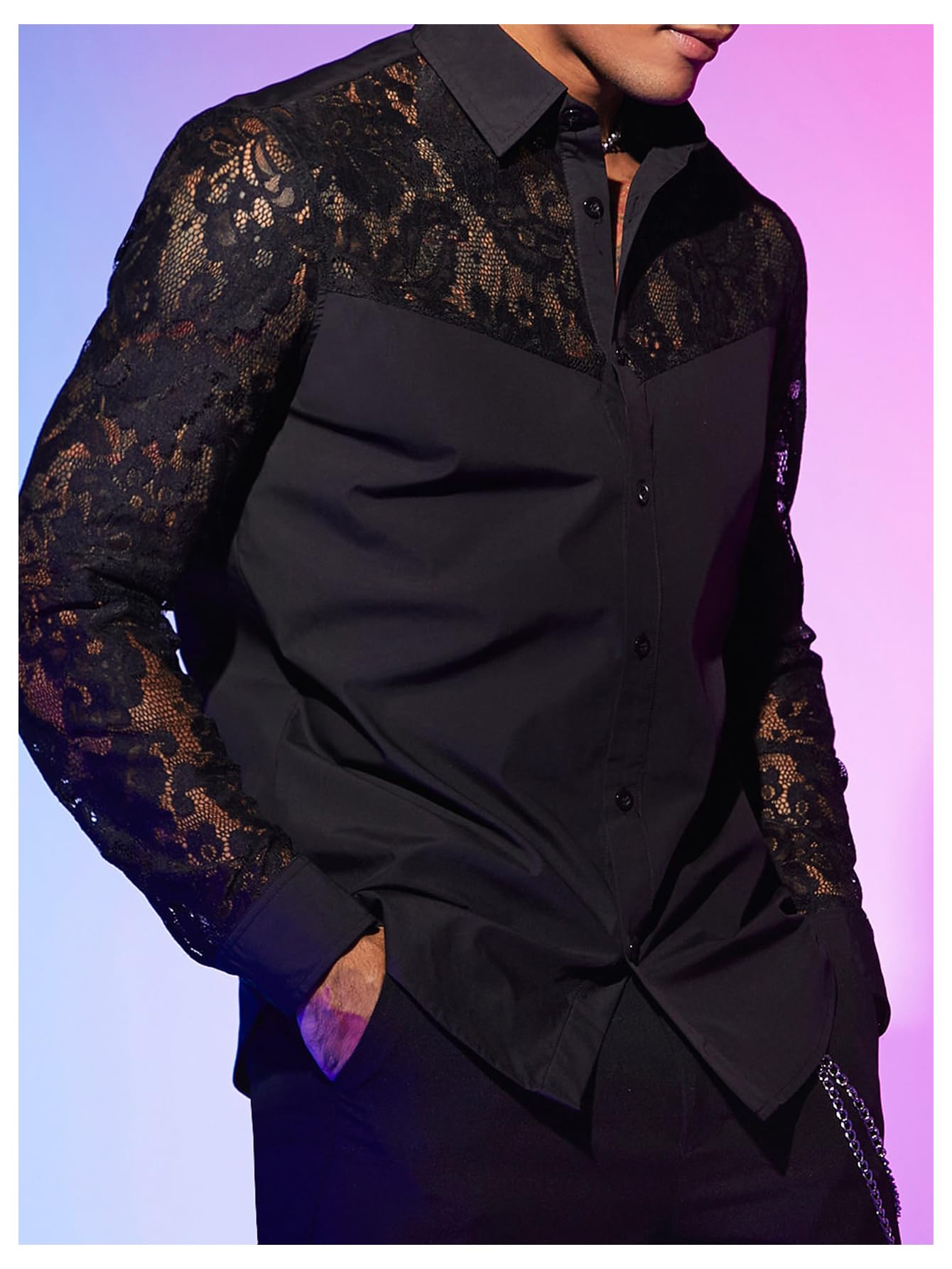 WDIRARA Men's Floral Lace Button Down Shirt See Through Long Sleeve Collared Top Sexy Clubwear Black Large