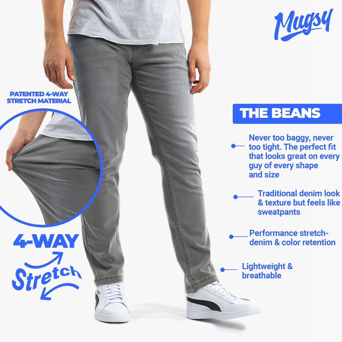Mugsy Beans Men’s Jean - Classic Fit Medium Gray Denim Jeans for Men - Ultra-Flexible & Comfortable Pants for Men - True to Size