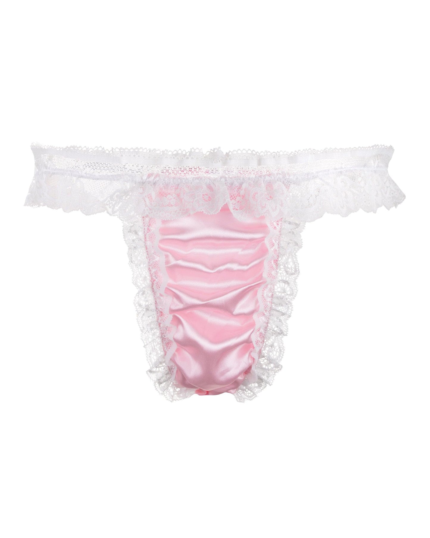 Satini Men's Satin Frilly Sissy Thong Tanga Knickers Briefs Panties (Baby Pink - White, XL)
