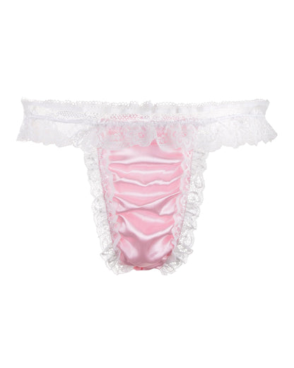 Satini Men's Satin Frilly Sissy Thong Tanga Knickers Briefs Panties (Baby Pink - White, XL)