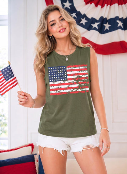 FAYALEQ American Flag Print Tank Tops Women USA Stars Stripes Patriotic T Shirt Summer Loose Vest Tees (S, Army Green)