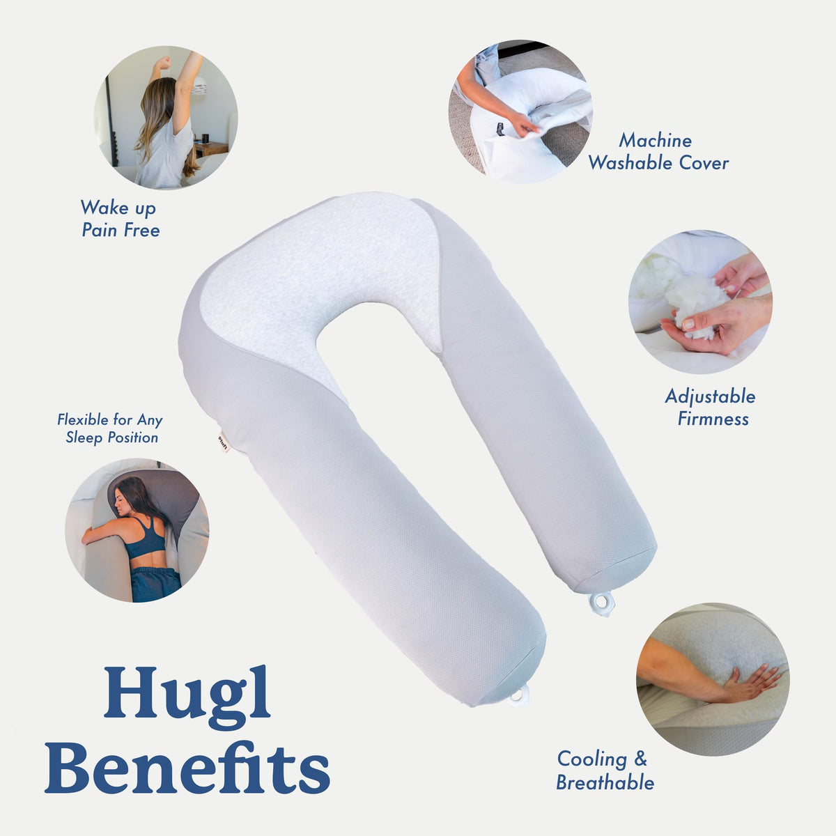 Plufl Hugl Cooling Body Pillow for Adults, U Shaped Pregnancy Pillow, White