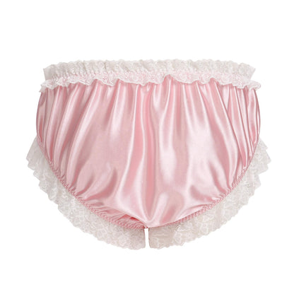 Men's Satin Silk Underwear Ruffle Lace Sissy Panties Bowknot Crossdress Silky Knickers Briefs Pink X-Large