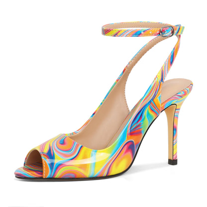 Women Multicolor Slingback Heels Stiletto Peep Toe High Heel Pumps Ankle Strap Patry Shoes 3.5 Inches US Size 10