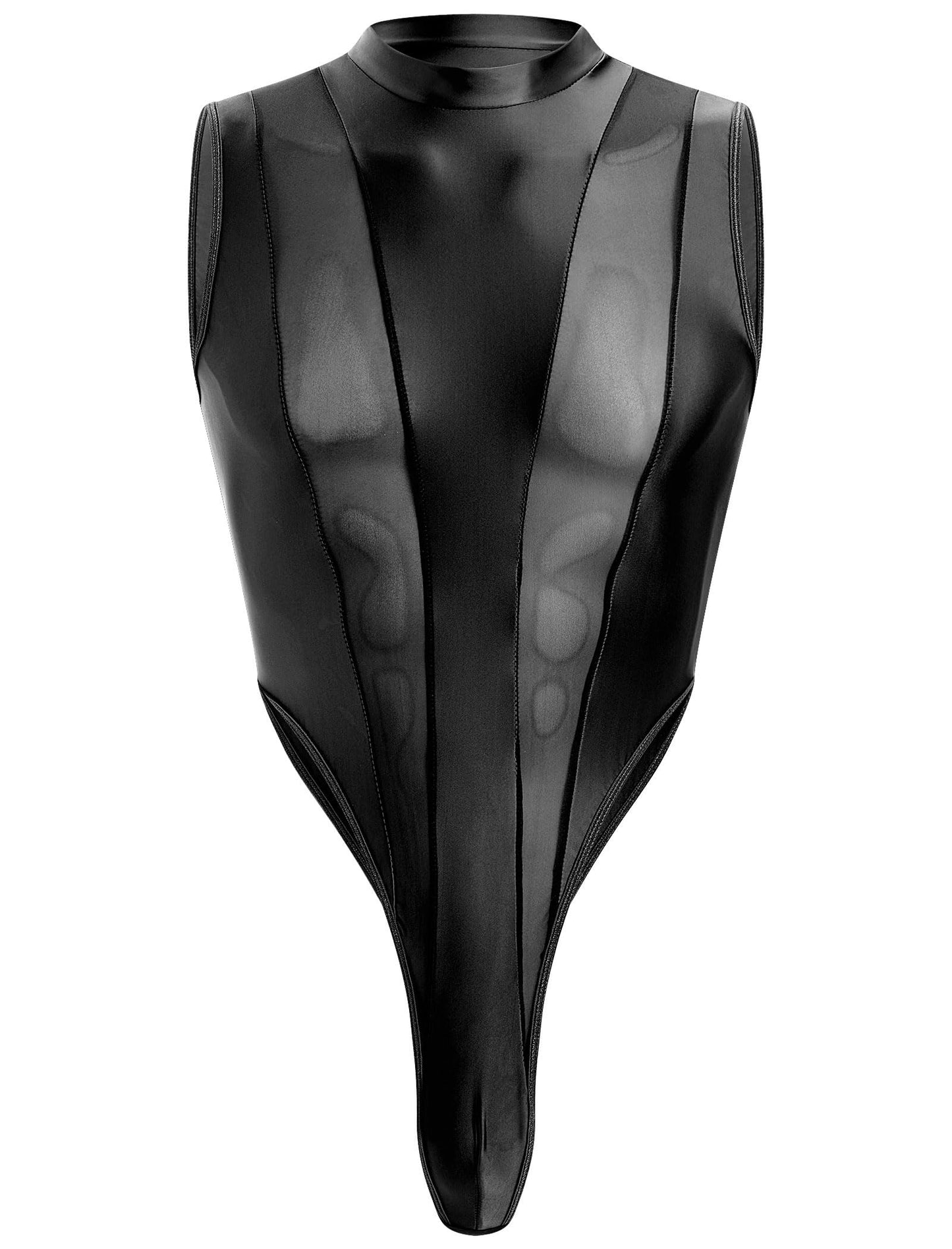 Men's Mesh Sheer Bodysuit Mock Neck Spliced Sleeveless High Cut Thong Leotard Singlet Underpants Black One Size