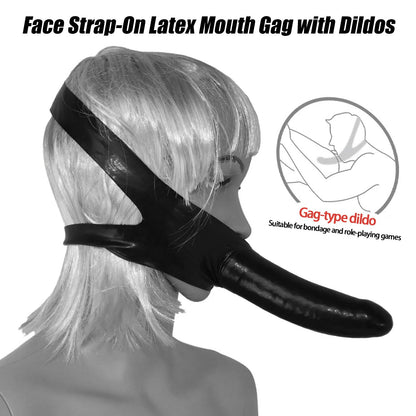 Strap On Dildo, Wearable Latex Dildo Plug, Face Strap-On Latex Mouth Gag with Dildos, Bondage SM Sex Toy for Couples
