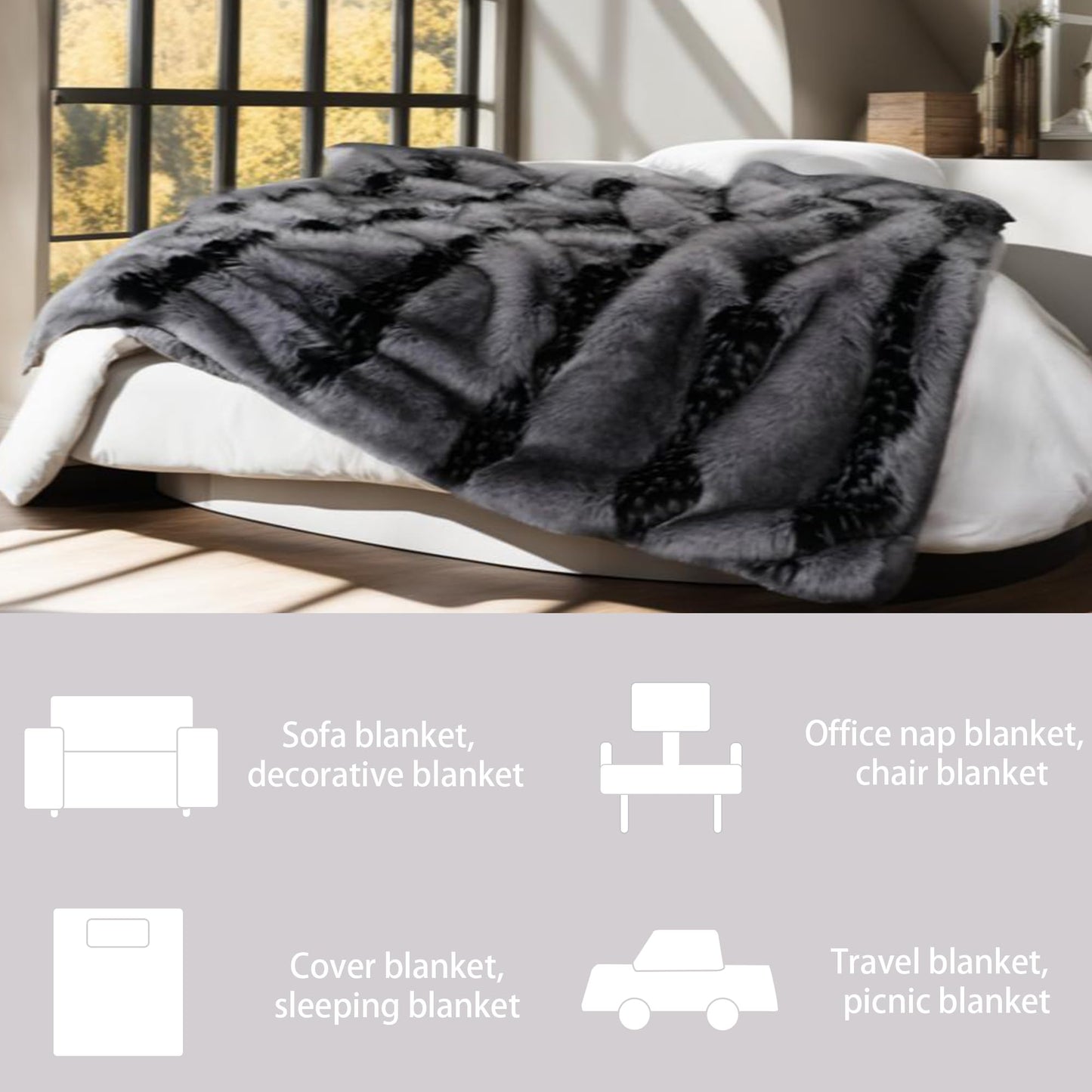 Fox Faux Fur Luxury Throw Blanket - Super Warm, Elegant & Cozy - 74"x90" Grey Washable Plush Blanket for Couch, Armchair & Bed