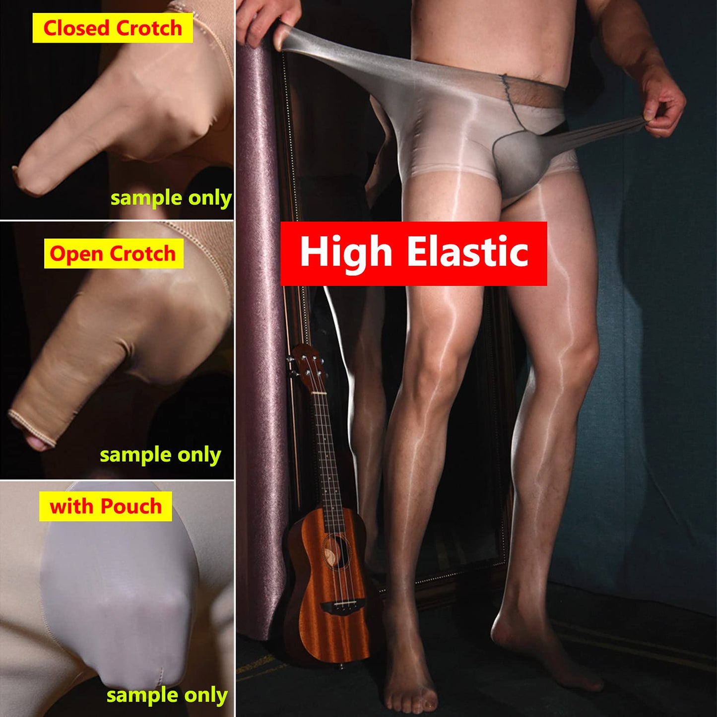 Men's Plus Size - Ultra-thin Shiny Glossy Pantyhose Nylon Sheer Tights See Through Body Stockings with Sheath