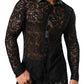 JOGAL Men's See Through Flower Lace Sheer Blouse Long Sleeve Button Down Shirts Dark Black Large