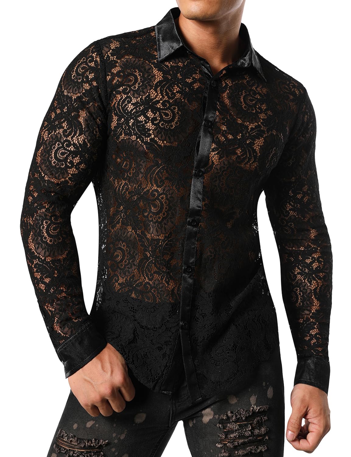 JOGAL Men's See Through Flower Lace Sheer Blouse Long Sleeve Button Down Shirts Dark Black Large