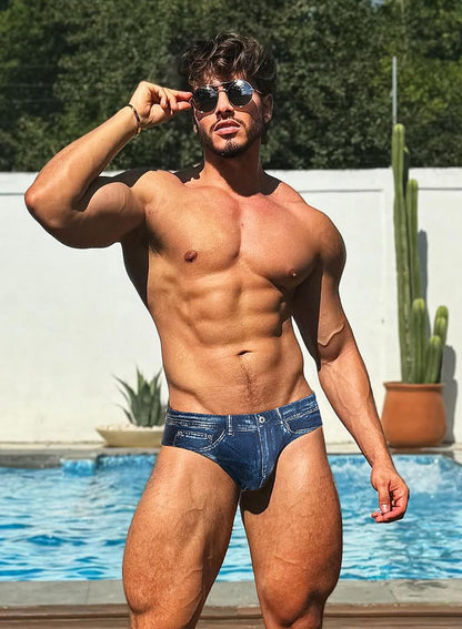 MIZOK Mens Denim Print Swim Briefs Funny Beach Swimwear Swimsuit Navy XL