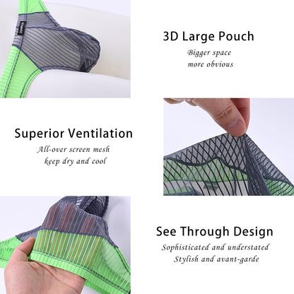Men’s Sheer Mesh Briefs -  Transparent Bulge Pouch Bikini Underwear See Through Striped Ultra-Thin Sexy Panties XL