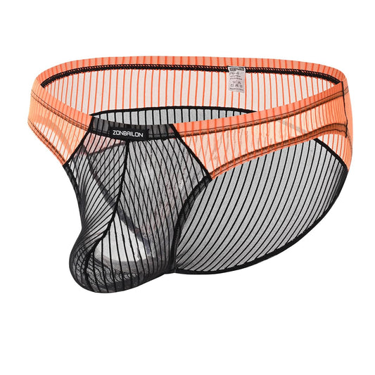 JINSHI Men’s Sheer Mesh Briefs Transparent Bulge Pouch Bikini Underwear See Through Striped Ultra-Thin Sexy Panties XL
