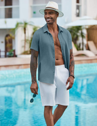 COOFANDY Beach Shirts for Men Short Sleeve Button Up Shirts Linen Beach Summer Shirts Untucked Shirt Dark Blue