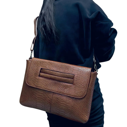 Women's Fashion Snake-Print Vegan Leather Clutch Handbag High-Capacity Vintage Evening Purse Messenger Shoulder Bag,Brown