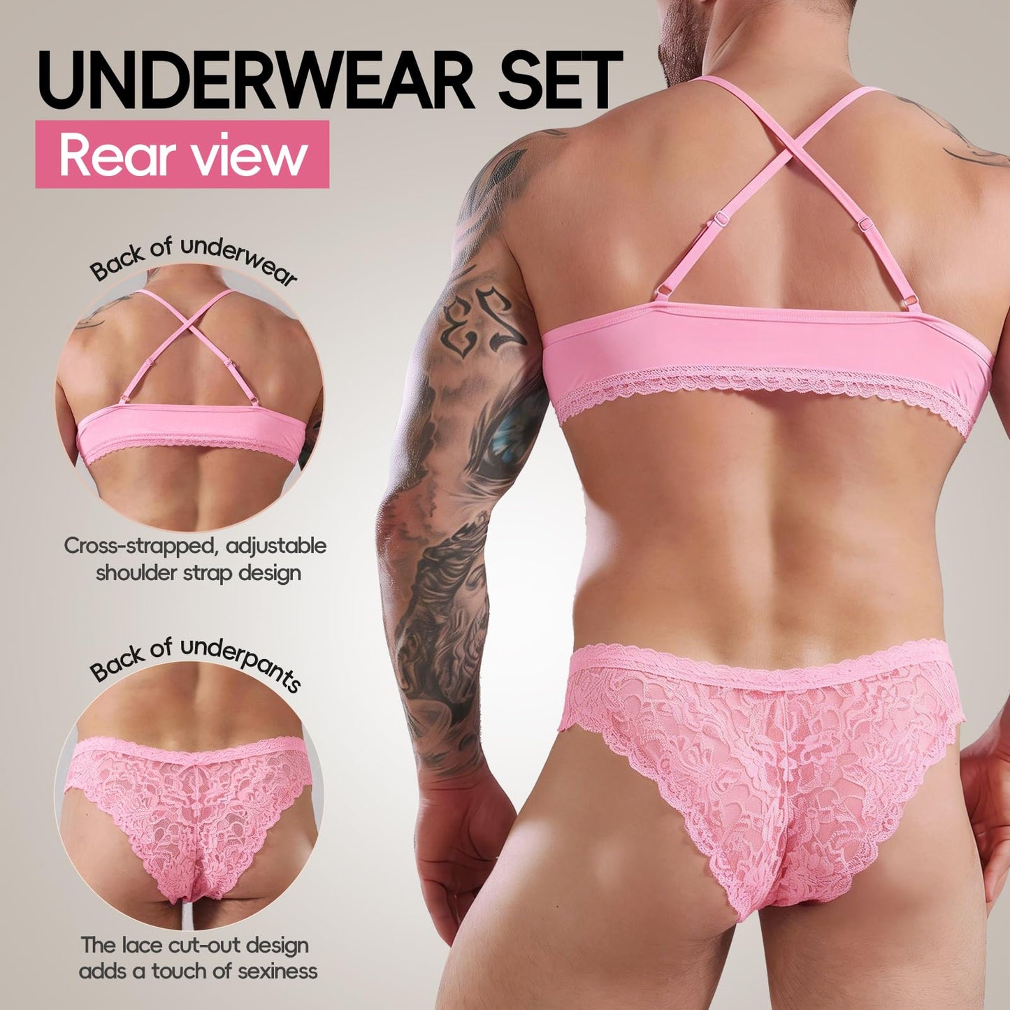 Amorgours Men’s Sissy Lingerie Set Lace Sissy Bra and Thong Underwear Floral Crossdressing Nightwear Gay Brief -Pink-L