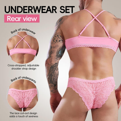 Amorgours Men’s Sissy Lingerie Set Lace Sissy Bra and Thong Underwear Floral Crossdressing Nightwear Gay Brief -Pink-L
