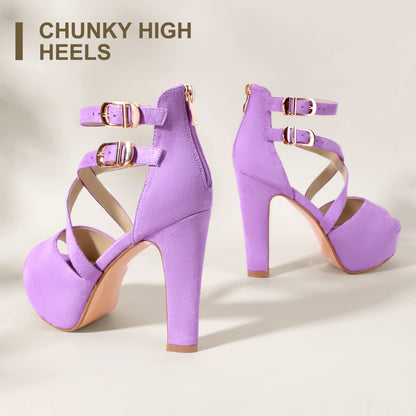 Women's Crisscross Platform Chunky Heels(Lilac Suede, 5)
