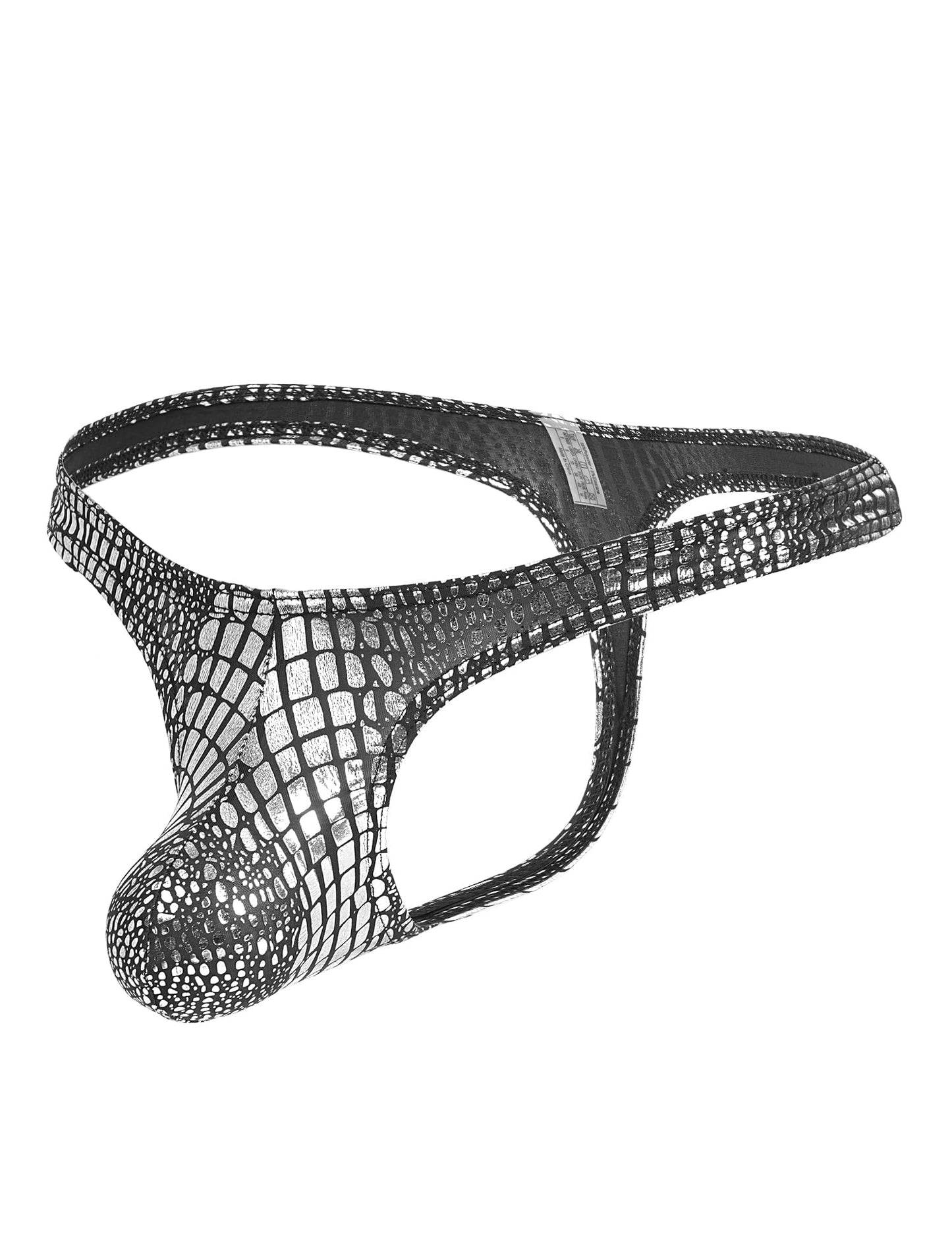 Mens G-String Thong Underwear Snake Print Briefs Low Rise Sexy Hot Shorts for Mens Lingerie Soft T-Back Thong Silver L