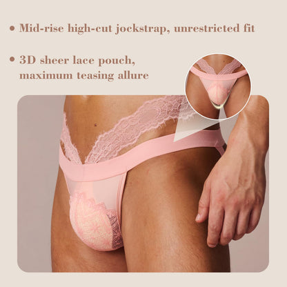 BSZN Men's Lace Jockstrap, Pink Rose Night Low Rise Sheer Lace Pouch Underwear, Mid High Cut Slim Fit Breathable Jock Strap for Men