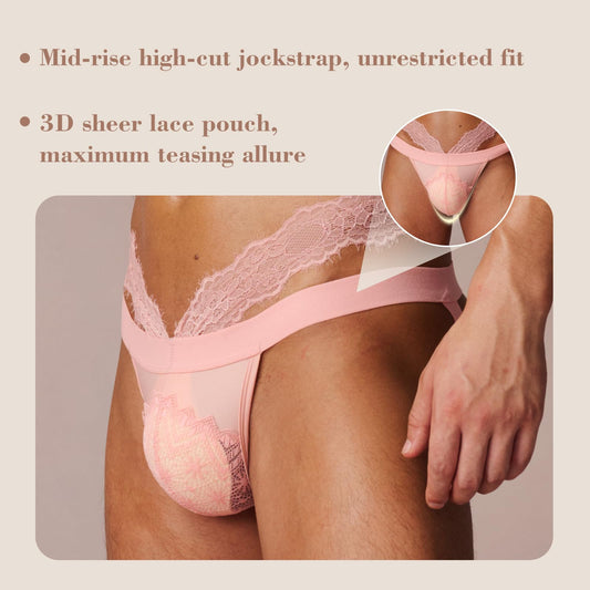 BSZN Men's Lace Jockstrap, Pink Rose Night Low Rise Sheer Lace Pouch Underwear, Mid High Cut Slim Fit Breathable Jock Strap for Men