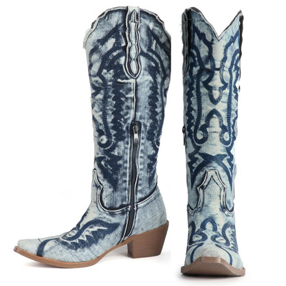 FIFSY Light Blue Denim Cowboy Boots for Women Embroidered Jean Knee High Cowgirl Boots Pointed Toe Chunky Heel Vintage Western Boots， US10