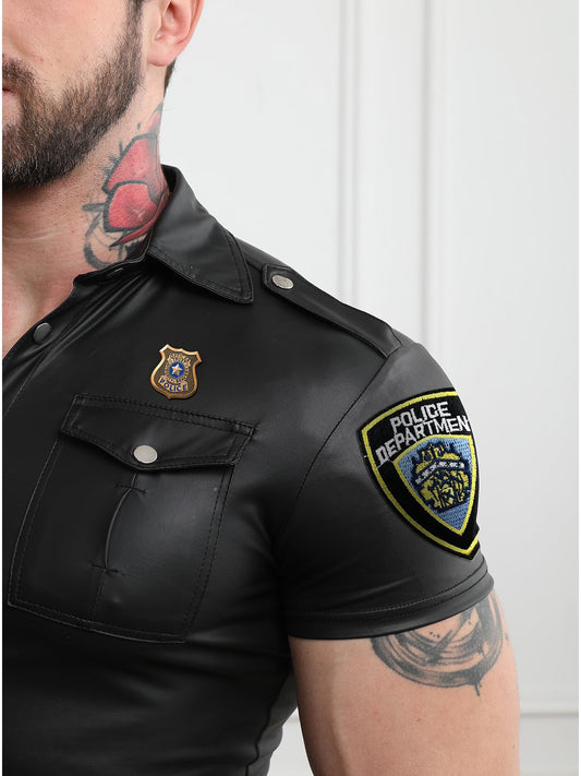 Mens PU Faux Leather Shirt Punk Style Short Sleeve Streetwear Fashion Urban Shacket Tops (US, Alpha, X-Small, Regular, Regular, COS)