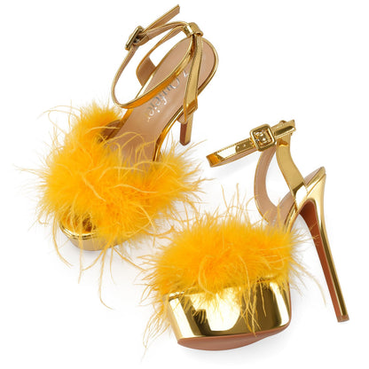 Women’s Ankle Strap Platform Fluffy Sandals High Stiletto Strappy Open Toe Sexy Fuzzy Heels(Gold,8)