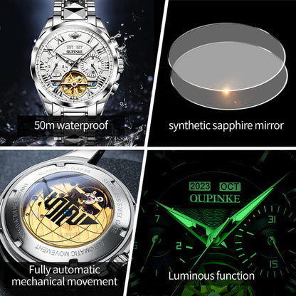 OUPINKE Watches for Men Automatic Skeleton Mechanical Luxury Cratch-Resistant Sapphire Mirror Tungsten Steel Strap Luminous Waterproof Calendar Wrist Watch Silver White
