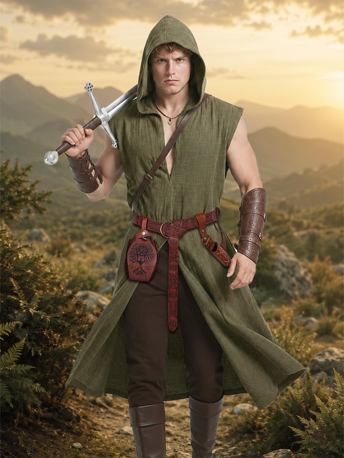 Renaissance Costume Set for Men - 4PC Medieval Viking Hooded Sleeveless Surcoat, Ren Faire Halloween Cosplay Outfit (Green, L)