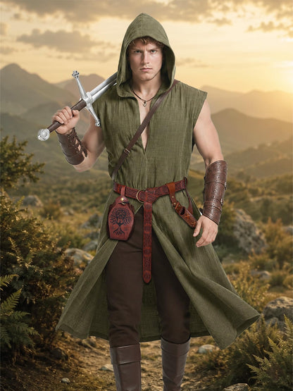 Renaissance Costume Set for Men - 4PC Medieval Viking Hooded Sleeveless Surcoat, Ren Faire Halloween Cosplay Outfit (Green, L)