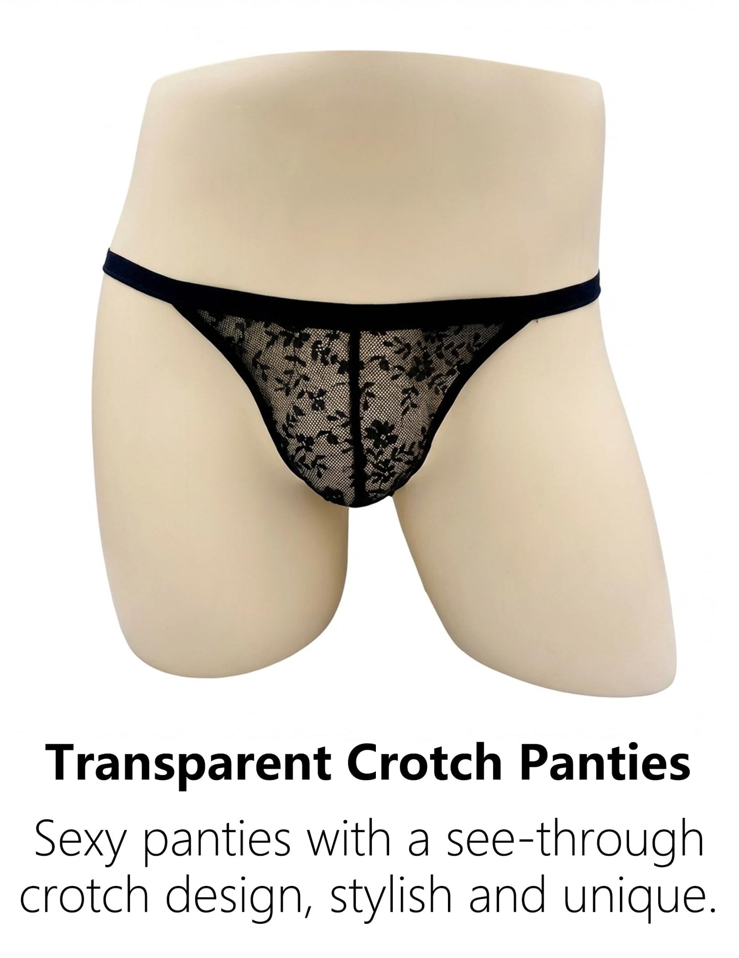 Men's Lace Underwear Open Back Sheer Sissy Pouch Panties Low Rise Sexy Femboy Lingerie Black