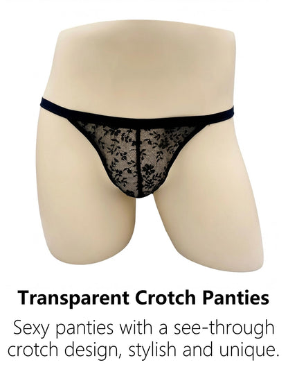 Men's Lace Underwear Open Back Sheer Sissy Pouch Panties Low Rise Sexy Femboy Lingerie Black