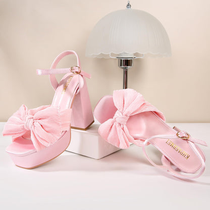Bow Knot Platform Heels for Women Fashion Open Toe Chunky Heeled Sandals Ankle Strap Wedding Party Dress High Heels