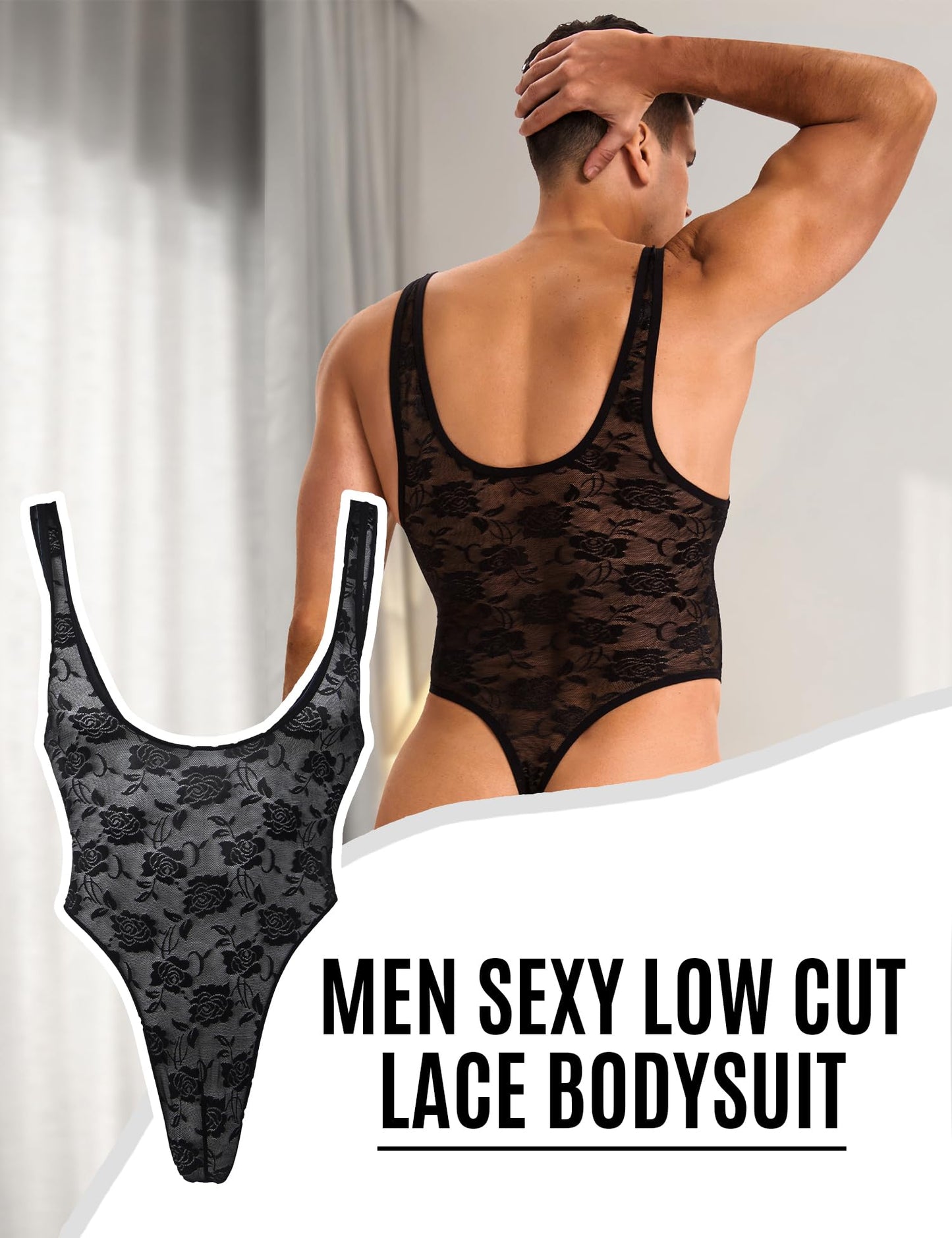 ohyeahlady Mens Lace One Piece Bodysuit Sheer Breathable Lingerie Sleepwear for Men Comfy Pouch Touch Sexy Jumpsuits Black L