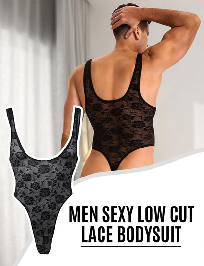 ohyeahlady Mens Lace One Piece Bodysuit Sheer Breathable Lingerie Sleepwear for Men Comfy Pouch Touch Sexy Jumpsuits Black L
