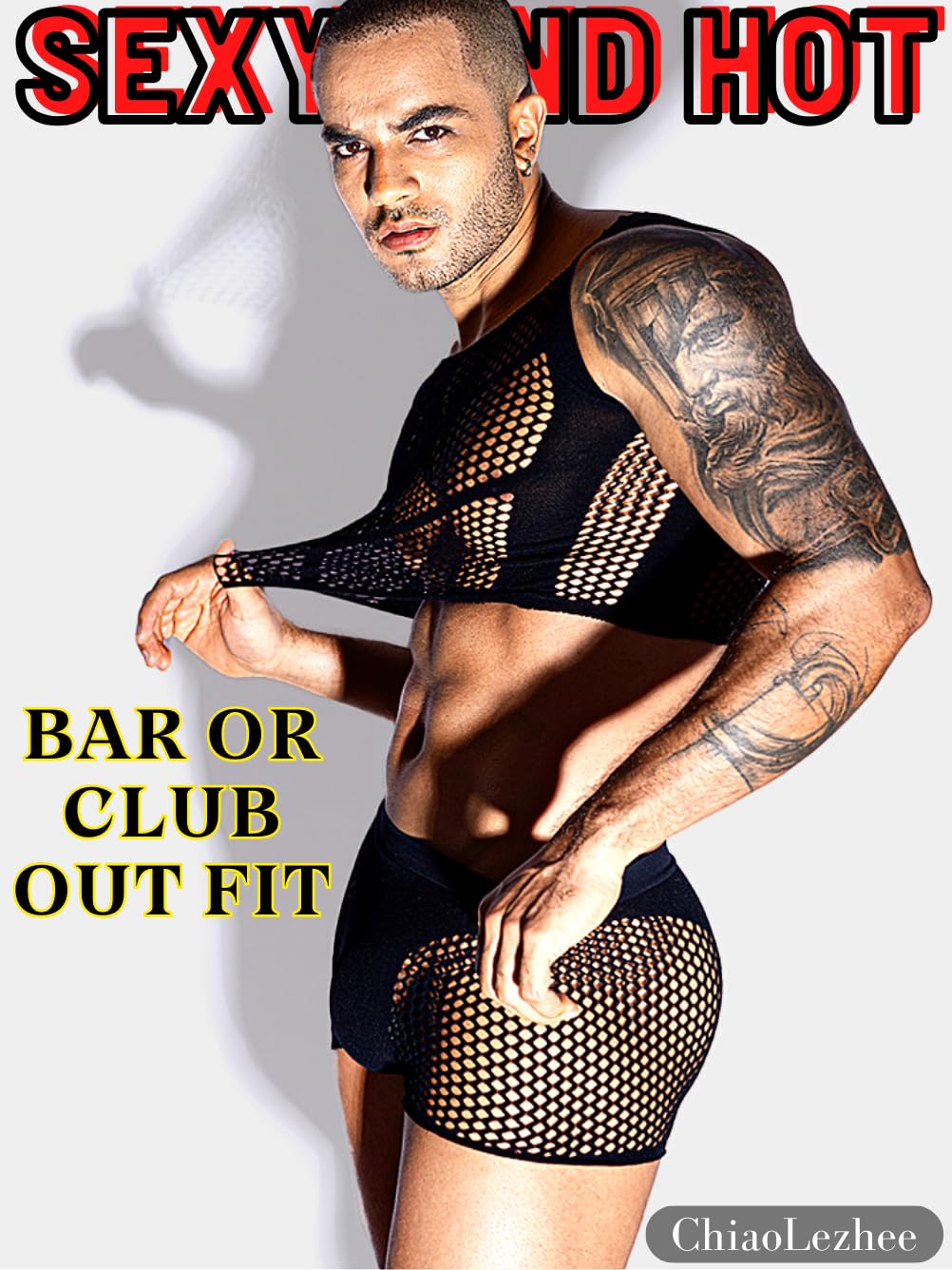 ChiaoLezhee Men's Tank Tops Mens Sexy Sheer Mesh Fishnet Crop Top Shirt Sissy Lingerie Man Underwear for Men Clothes Gay Black One Size