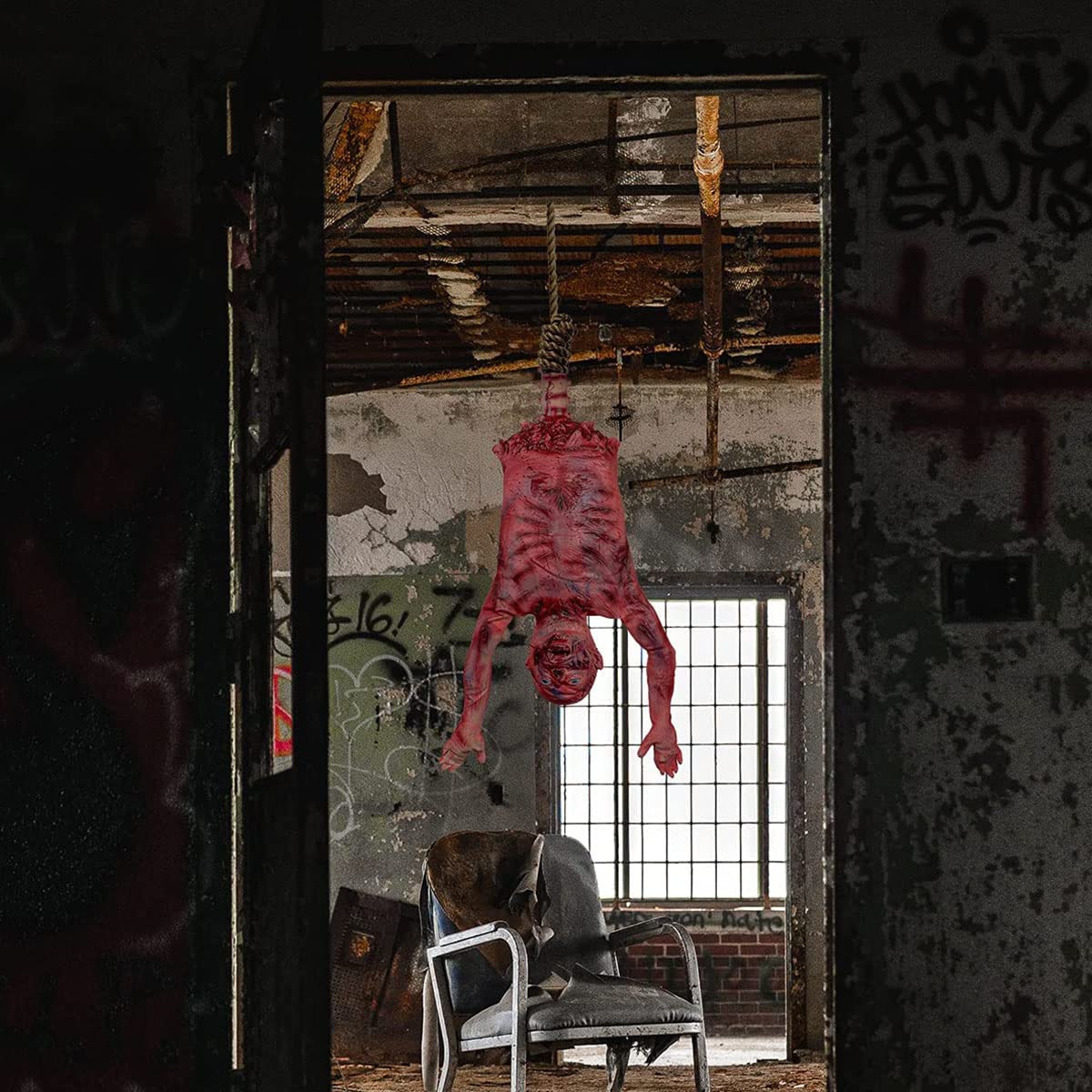 Halloween Bloody Half Body, 37" Latex Horrible Severed Skinned Hanging Corpse Torso Bloody Dead Body Parts for Haunted House Halloween Party Decoration (Men)