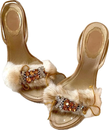 furbootttyies FS-5 Women's Sexy Real Mink Fur High-Heeled Sandals With Thin Heel Shiny Sandals Heels Stilettos (Brown, Adult, Women, 9, Numeric, US Footwear Size System, Medium)