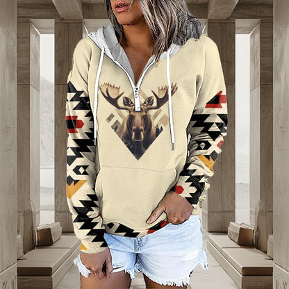Ethnic Print Women Sweatshirts - Moose Graphic Western Cowboy Pattern - Outfits Hoodies
