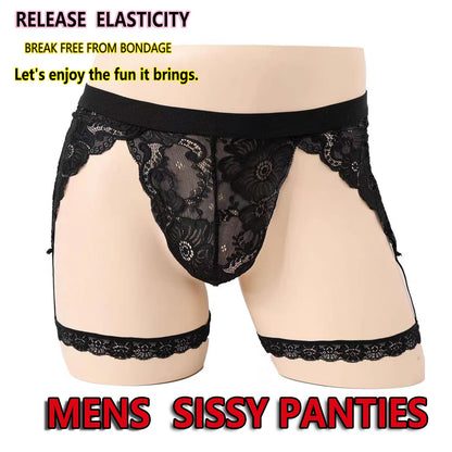 Men's Lace Underwear Sheer Pouch Garter Panties Crossdressing Sexy Gay Lingerie Sissy Underpants