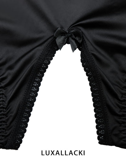 6-Strap Pull-On Satin Garter Panty with Metal Clips, Open-Crotch Design for Thigh-High Stockings (Black,3XL)