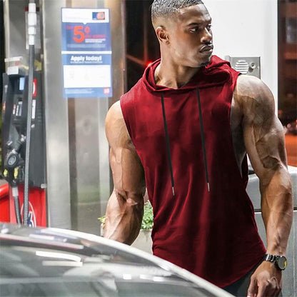 Babioboa Men's Athletic Sleeveless Hoodie Workout Hooded Tank Top Bodybuilding Muscle Cut Off T-Shirt(Wine Red Large)