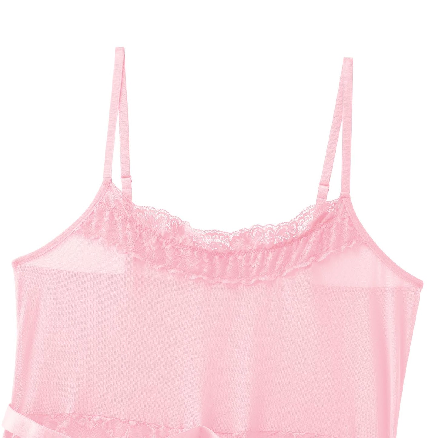 Men's Sissy Lingerie Bodysuit Sheer Lace Mesh Spaghetti Strap Cami Leotard Crossdress Underwear Pink Medium