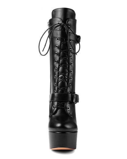 ANN CREEK 'Batian' Classic High Platform Mid Calf Boots Ultra High Stiletto Heels Lace Up Boots Faux Leather Round Toe Tie Up Boots Sexy Black Buckle Strap Thin High Heel Boots Black 10